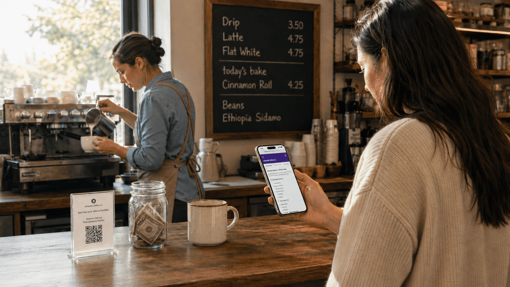 A small-town café owner pours steamed milk into a takeaway cup while a customer at the counter reads the café's privacy program on her phone.