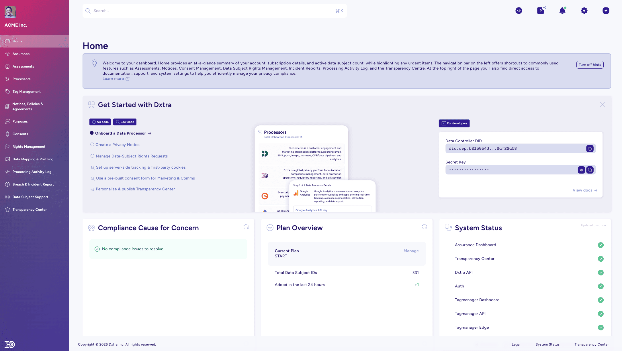 ACME Inc. home dashboard with processors overlay and guided checklist