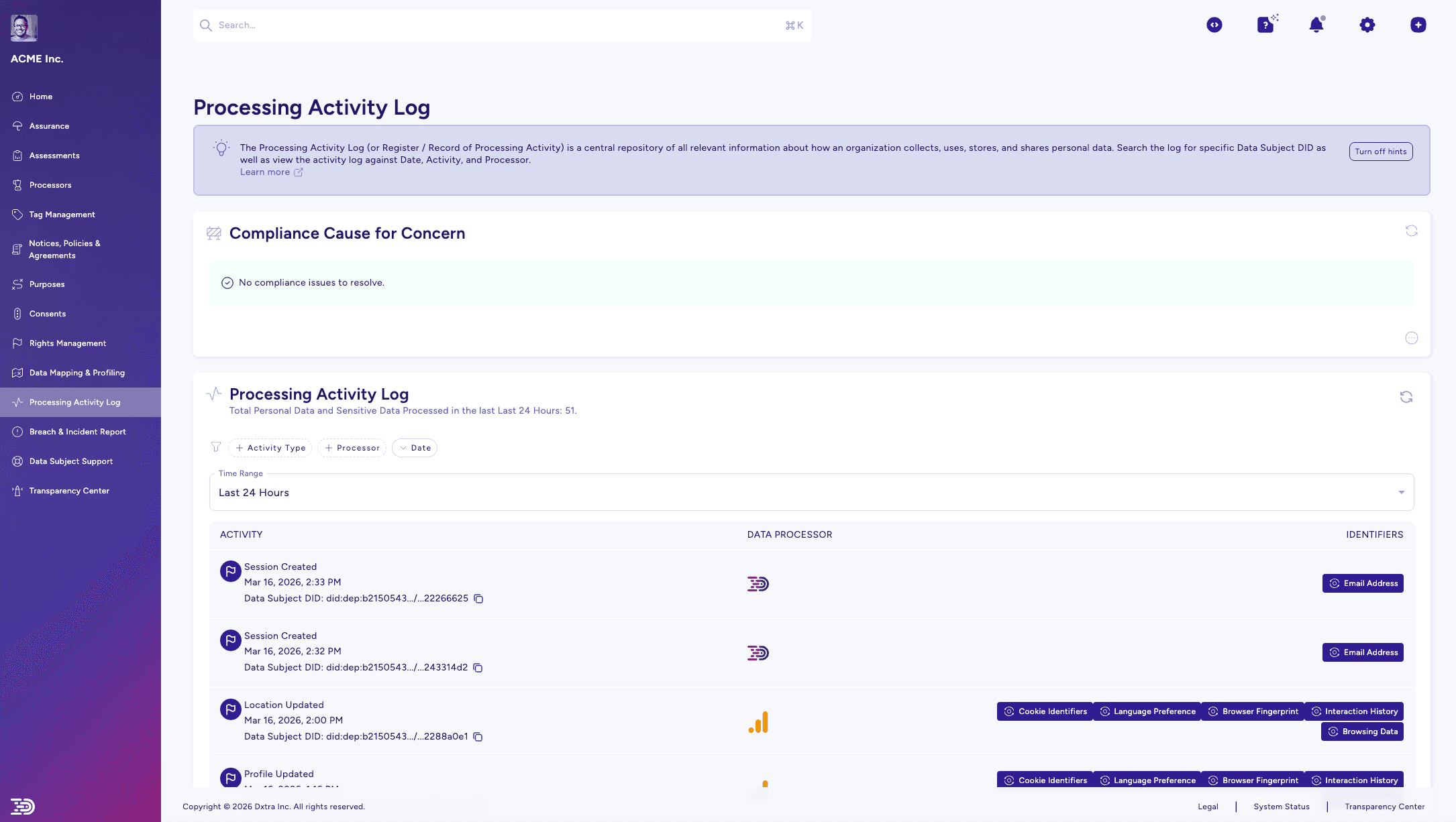 Data Provenance & Processing Activity Logs