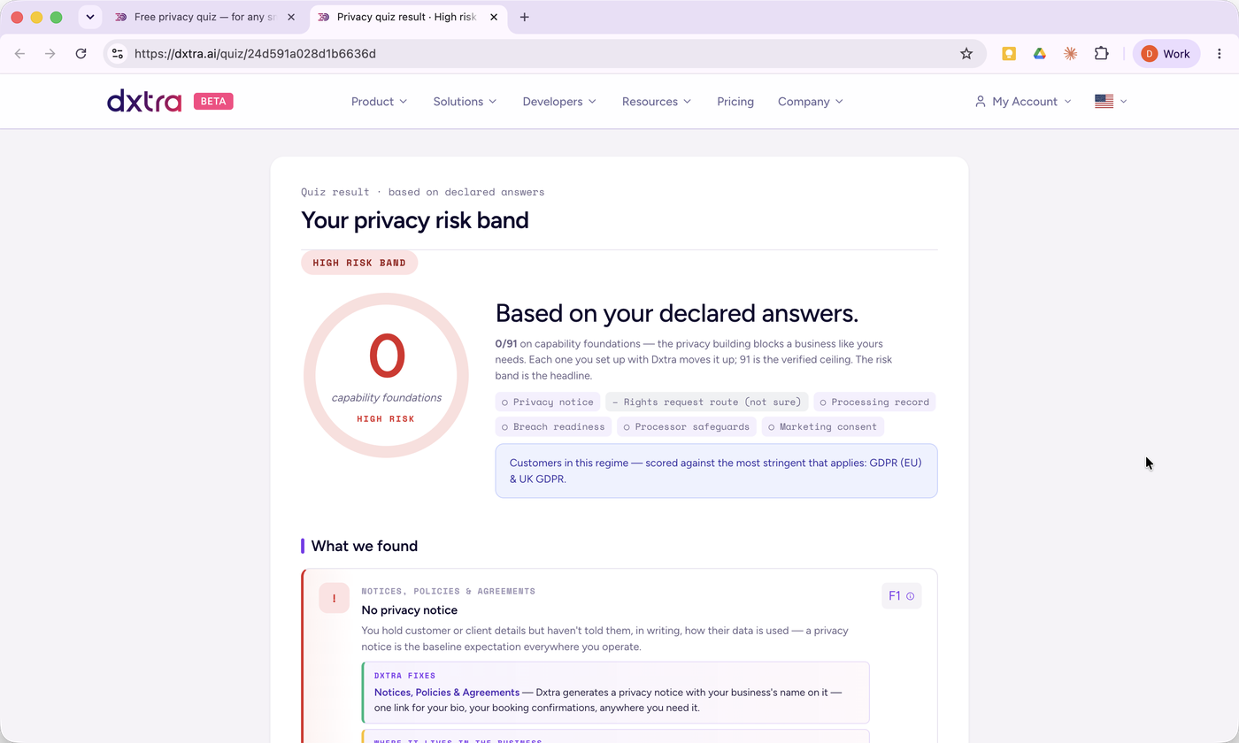 Your quiz result — a risk band based on your declared answers, with each gap paired to a Dxtra capability.