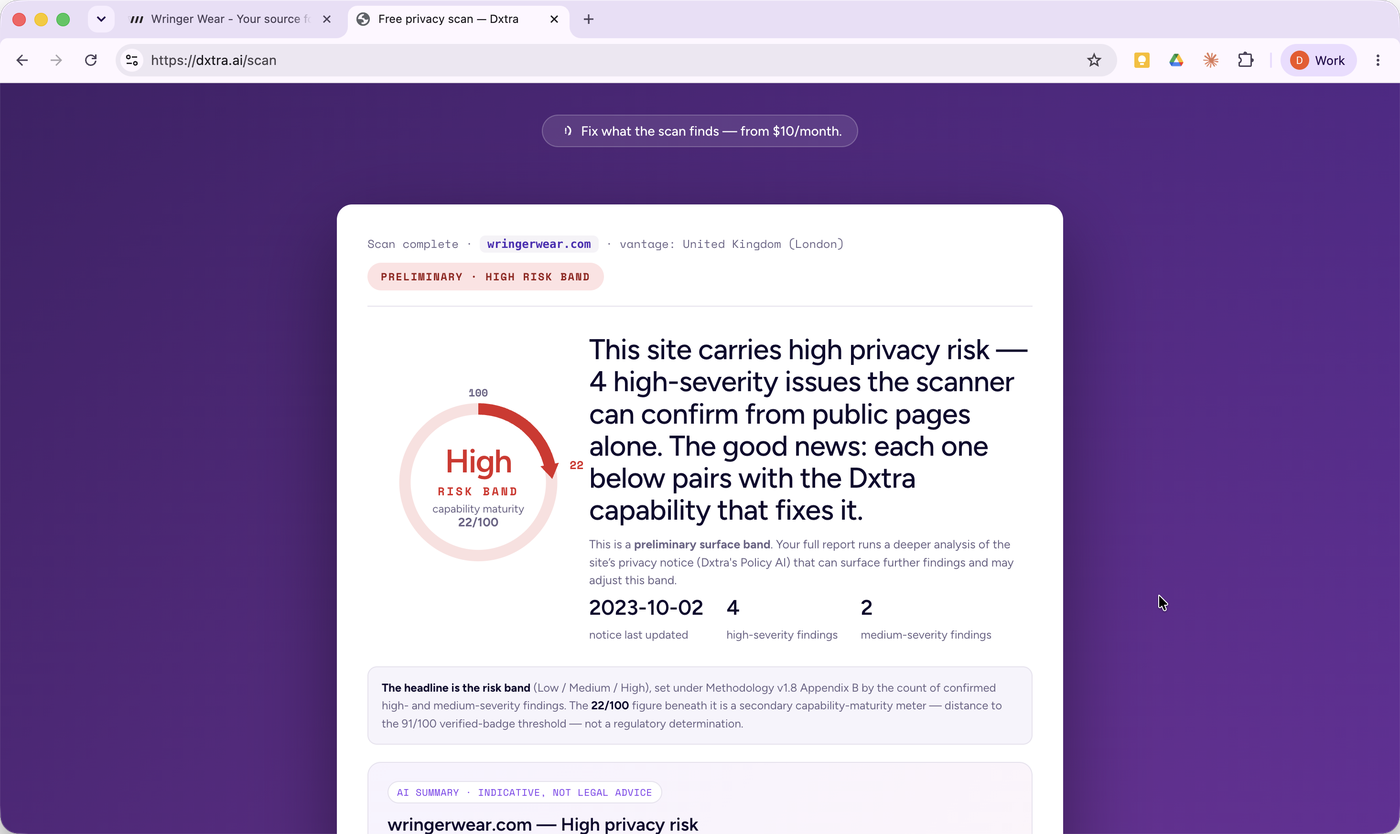 The free scan result — your risk band, with each top issue paired to the Dxtra feature that fixes it.