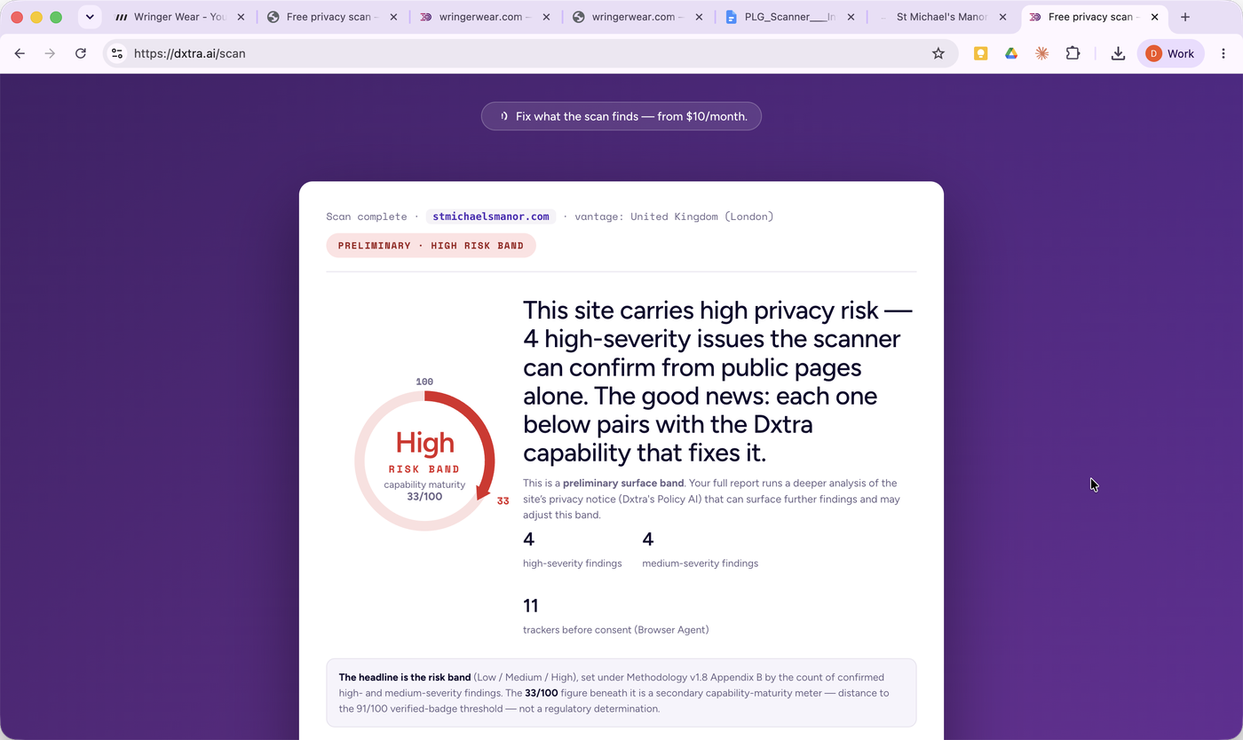 The hotel's preliminary result — a High risk band with the capability-maturity read and confirmed finding counts.