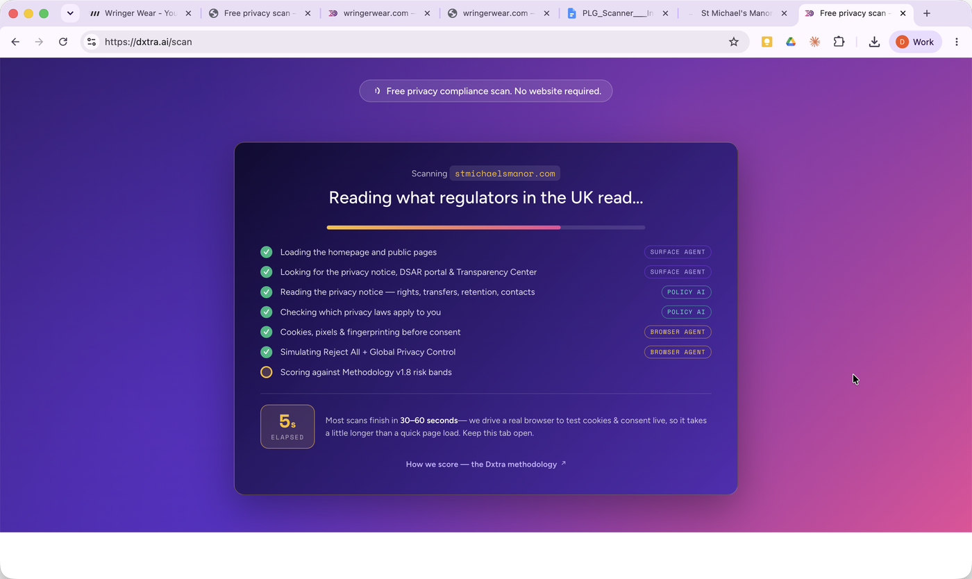 The live "Reading what regulators read…" progress screen, showing each check as it runs.