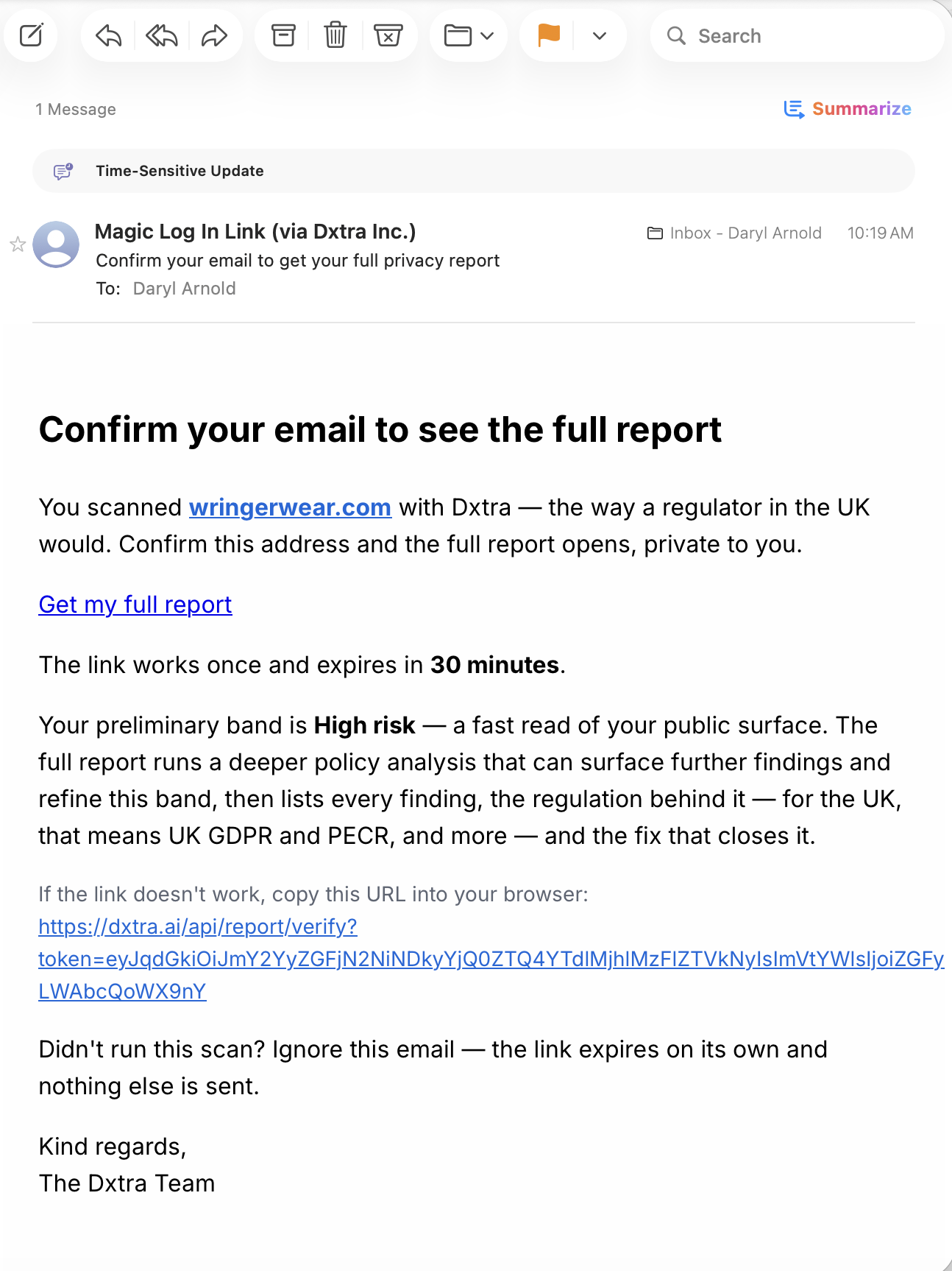 The one-time magic-link email that unlocks your full report.