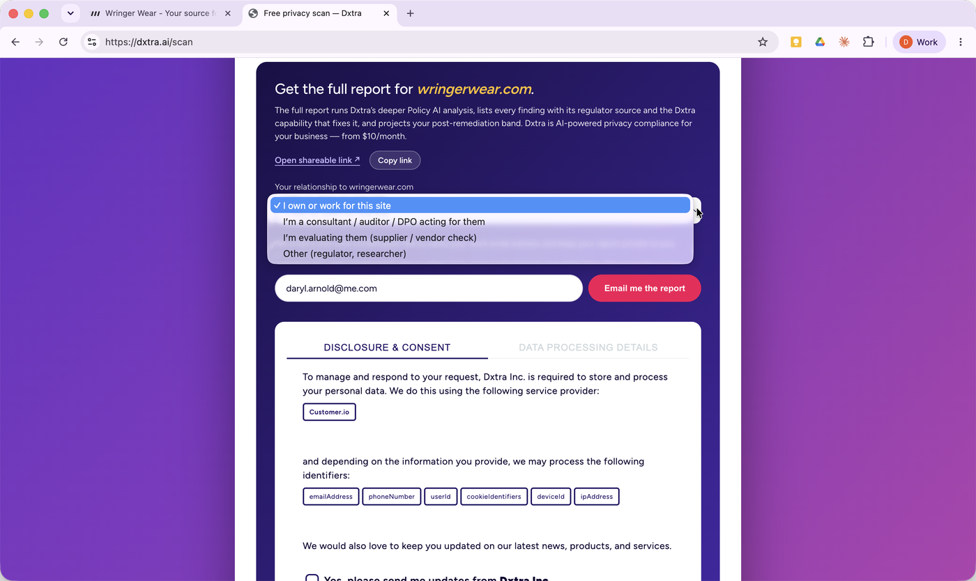 The email and relationship step, with the processor and the identifiers it handles named on the page.