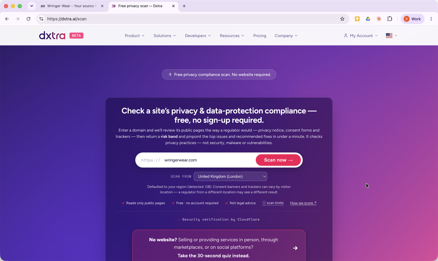 The Dxtra free privacy scan entry — enter your domain, with the scan region auto-detected.